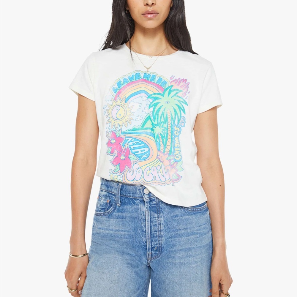 MOTHER White Short Sleeve Graphic Tee with Pastel Tropical Print